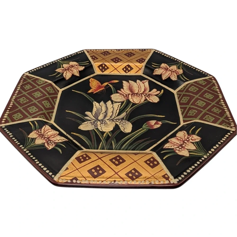 Vintage Oriental Accent Plate Octagon Decorative Butterfly Flowers Ceramic Black